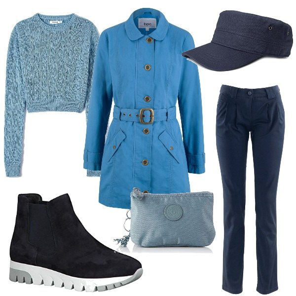 Outfit donna - Il trench azzurro cielo. Stile Urban per Tutti i giorni. Abbinamento con pantaloni chino, trench, maglieria, stivaletti chelsea, portafogli, cappelli con visiera.