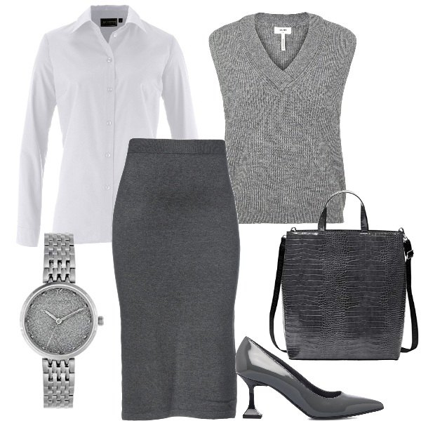 Outfit donna - Autunno curvy chic in ufficio. Stile Chic per Ufficio. Abbinamento con camicie, gonne longuette, décolleté, gilet, borse a tracolla, orologi.