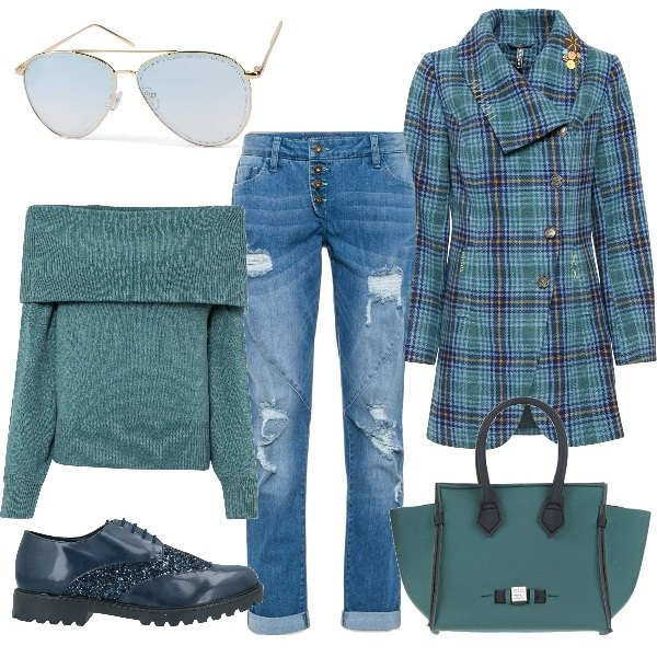 Outfit donna - L\'autunno sta arrivando. Stile Trendy per Tutti i giorni. Abbinamento con jeans boyfriend, cappotti, maglieria, borse a mano, scarpe stringate, occhiali da sole.