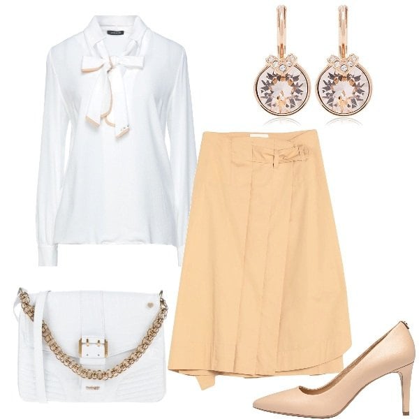 Outfit donna - Chic d\'ufficio. Stile Chic per Ufficio. Abbinamento con décolleté, bluse, borse a tracolla, gonne longuette, orecchini.