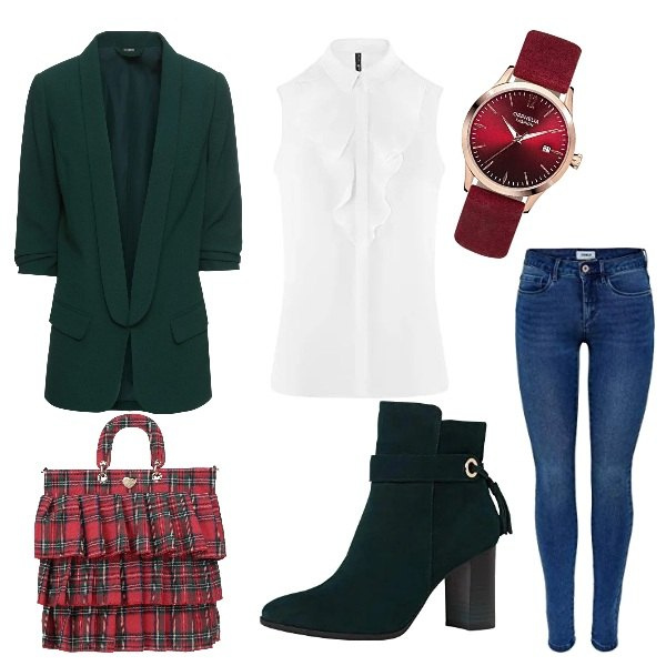 Outfit donna - Rosso, verde, bianco e blu. Stile Trendy per Tutti i giorni. Abbinamento con blazer, borse a mano, stivaletti, jeans skinny, top, orologi analogici.
