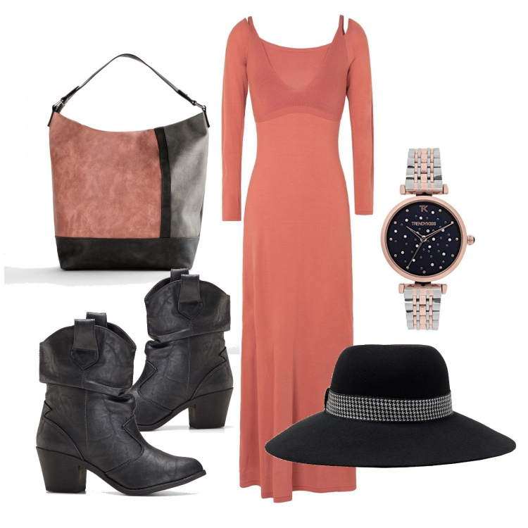 Outfit donna - Coordinata e glamour. Stile Glamour per Tutti i giorni. Abbinamento con stivaletti texani, borse a mano, vestiti lunghi, cappelli, orologi.