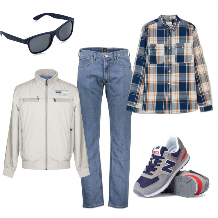 Outfit uomo - Pomeriggio. Stile Casual per Tutti i giorni. Abbinamento con sneakers, camicie, giacche, jeans, occhiali da sole.