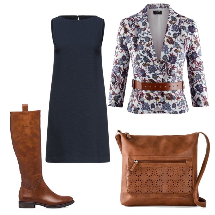 Outfit donna - In autunno in ufficio. Stile Trendy per Ufficio. Abbinamento con borse a tracolla, vestiti corti, stivali, blazer.