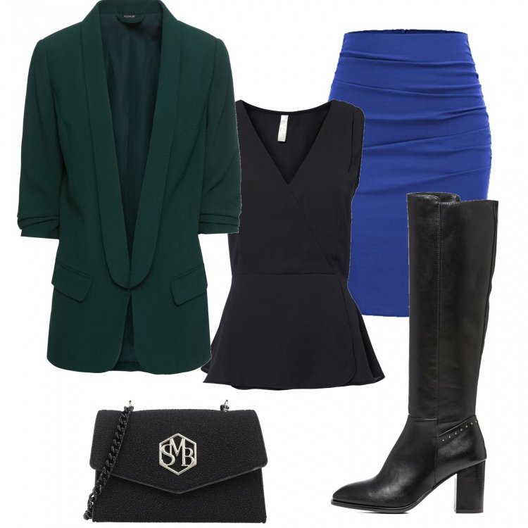 Outfit donna - Gwen (vegan look). Stile Urban per Tutti i giorni. Abbinamento con blazer, bluse, borse a tracolla, stivali, gonne.