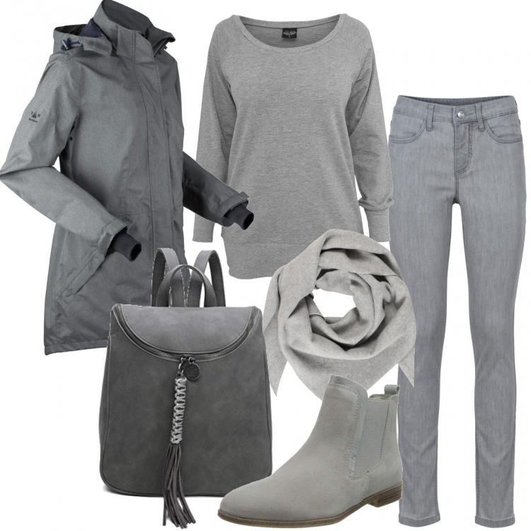 Outfit donna - Le prime piogge. Stile Casual per Scuola/Università. Abbinamento con jeans skinny, parka, felpe, stivaletti chelsea, zaini, foulard.