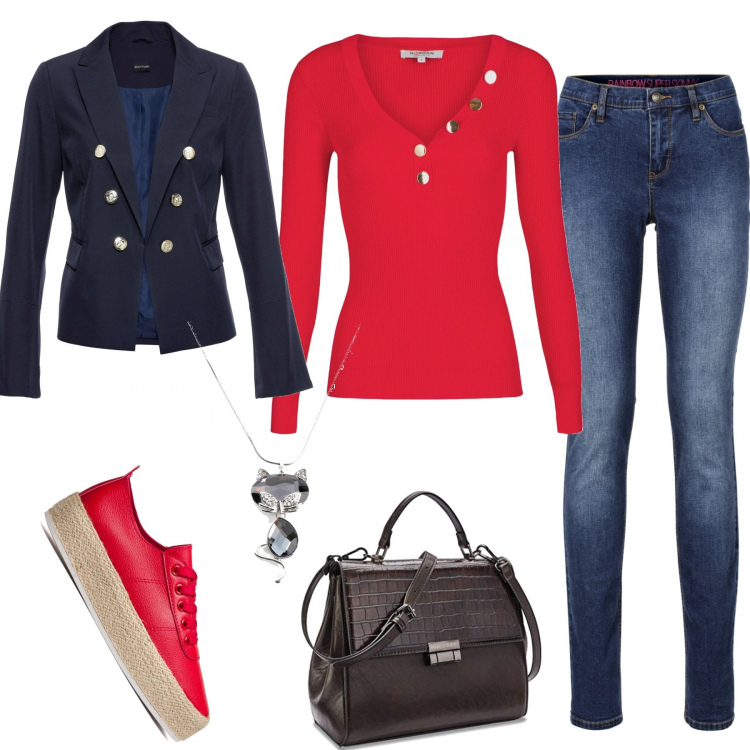 Outfit donna - Scarpe rosse. Stile Casual chic per Tutti i giorni. Abbinamento con jeans skinny, blazer, collane, sneakers, pullovers, borse a mano.