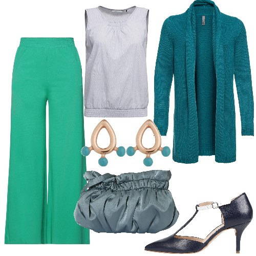 Outfit donna - Ancora un po\' di azzurro. Stile Minimal per Tutti i giorni. Abbinamento con cardigans, décolleté, pantaloni, camicie, orecchini, borse a mano.