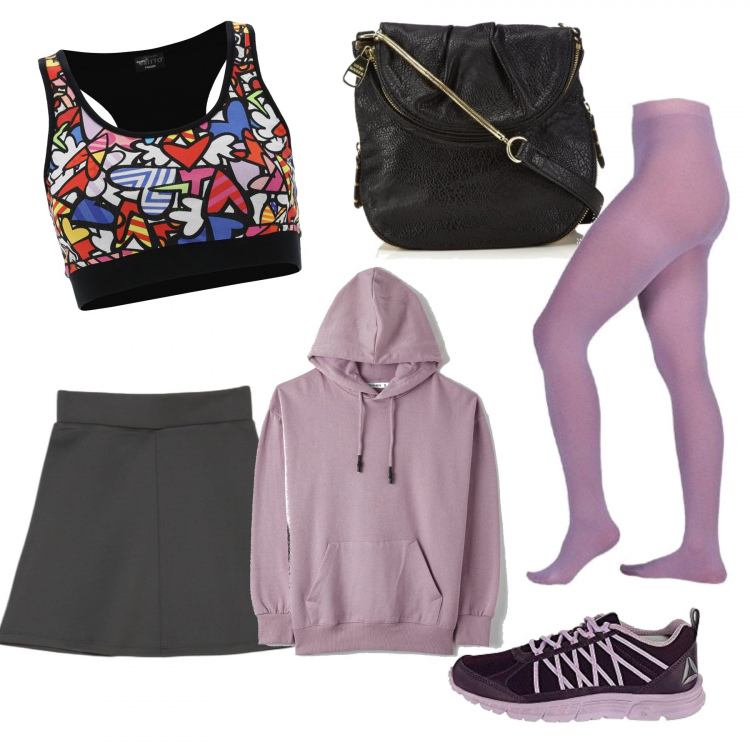 Outfit donna - Lavoro e palestra. Stile Casual chic per Tutti i giorni. Abbinamento con felpe con cappuccio, minigonne, collant, top, scarpe sportive, borse sportive.