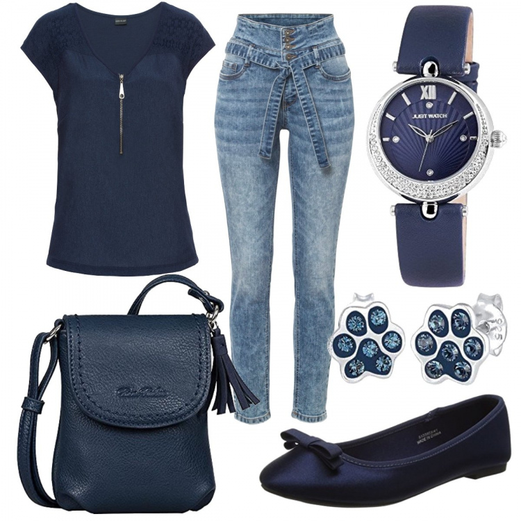 Outfit donna - Total look casual. Stile Basic per Tutti i giorni. Abbinamento con t-shirt, jeans skinny, ballerine, borse a tracolla, orecchini, orologi.
