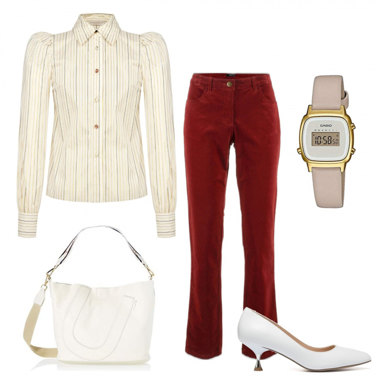 Outfit donna - Il pantalone rosso. Stile Casual chic per Tutti i giorni. Abbinamento con pantaloni, camicie, décolleté, borse a mano, orologi digitali.