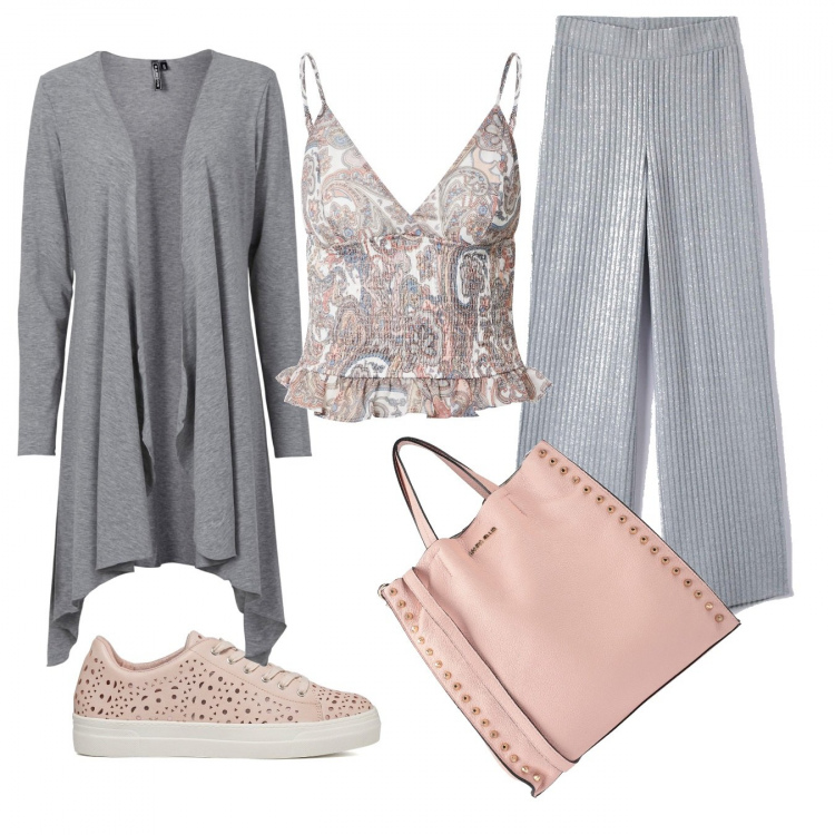 Outfit donna - Domenica grigio e rosa cipria. Stile Romantica per Tutti i giorni. Abbinamento con borse a mano, cardigans, pantaloni, sneakers, top.
