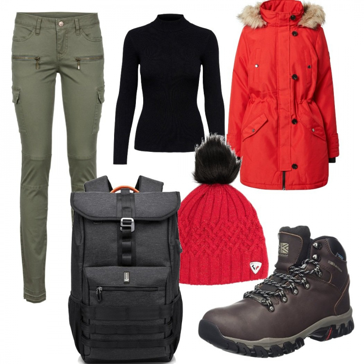 Outfit donna - Weekend in montagna. Stile Sporty chic per Sport. look ideale per Tall. Abbinamento con pantaloni cargo, berretti, parka, stivali, zaini, pullovers.