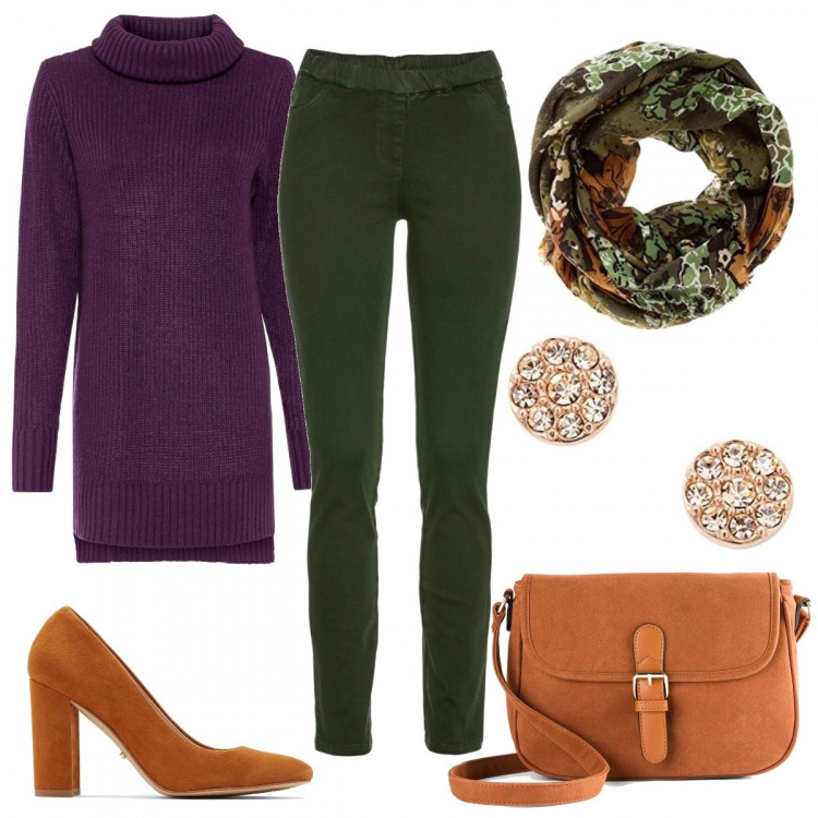 Outfit donna - Autunno alle porte. Stile Casual chic per Tutti i giorni. Abbinamento con maglieria, pantaloni, cappotti, décolleté, foulard, orecchini.