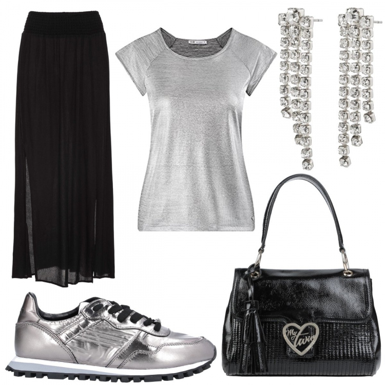 Outfit donna - Total look casual. Stile Casual chic per Tutti i giorni. Abbinamento con gonne lunghe, sneakers, borse a mano, t-shirt, orecchini.
