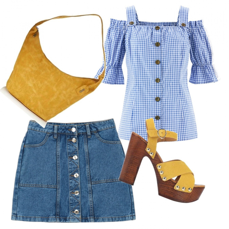Outfit donna - Fa ancora caldo!. Stile Basic per Tutti i giorni. Abbinamento con camicie a manica corta, sandali in pelle, minigonne, borse a spalla.