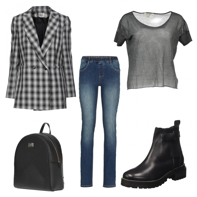 Outfit donna - Giacca a quadri stile urbano. Stile Urban per Tutti i giorni. Abbinamento con zaini, blazer, jeggings, maglieria, anfibi.