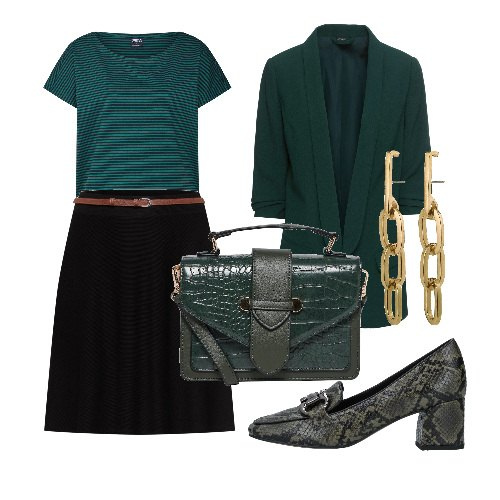 Outfit donna - Di corsa in ufficio. Stile Urban per Ufficio. Abbinamento con blazer, mocassini, gonne, t-shirt, borse a tracolla, orecchini.