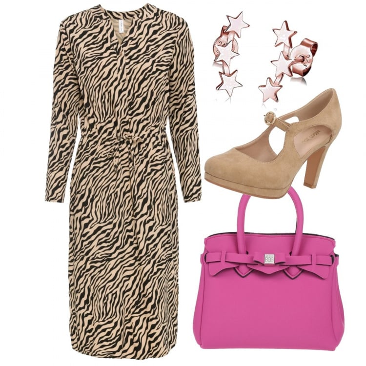 Outfit donna - Fantasia animalier+tacchi - curvy. Stile Trendy per Ufficio. Abbinamento con borse a mano, vestiti midi/longuette, décolleté, orecchini.