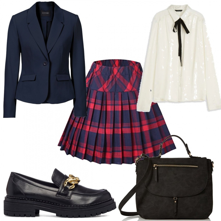 Outfit donna - Preppy per la scuola. Stile Preppy per Scuola/Università. Abbinamento con blazer, camicie, mocassini, gonne, borse a tracolla.