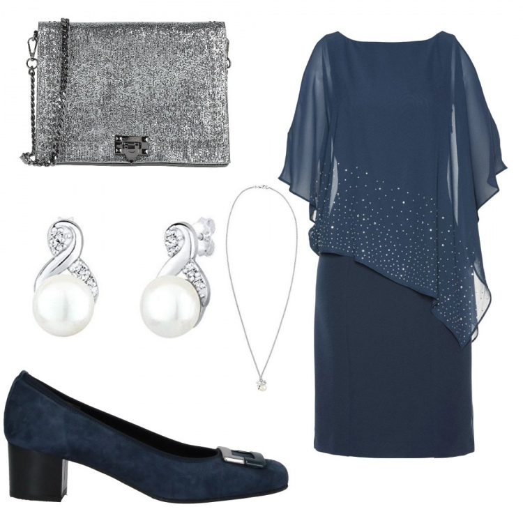 Outfit donna - La mamma della sposa. Stile Chic per Tutti i giorni. Abbinamento con vestiti a tubino, décolleté, borse a tracolla, orecchini, collane.