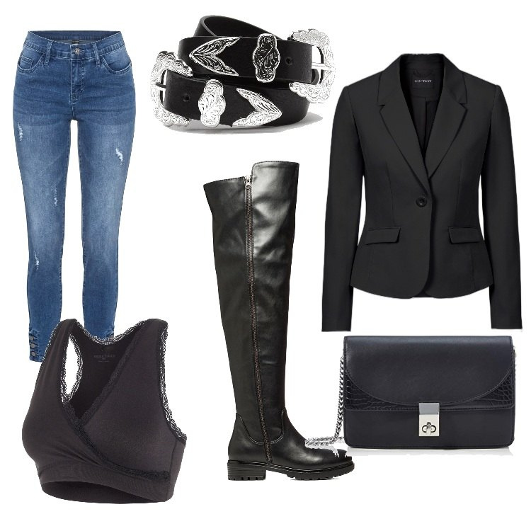 Outfit donna - Lo stivale sui jeans. Stile Casual per Tutti i giorni. Abbinamento con blazer, jeans skinny, cinture, stivali, reggiseni, borse a tracolla.