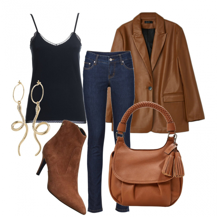 Outfit donna - I jeans salva look sempre. Stile Trendy per Tutti i giorni. Abbinamento con jeans skinny, canottiere, blazer, stivaletti, borse a mano, orecchini.