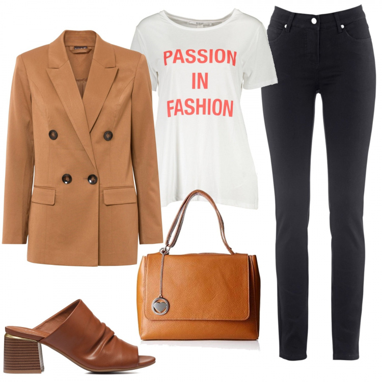 Outfit donna - Buongiorno caffè. Stile Casual per Tutti i giorni. Abbinamento con jeans slim fit, blazer, sabot, borse a mano, t-shirt.
