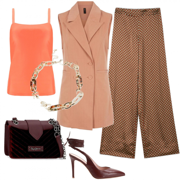 Outfit donna - Etnico adoro!!!. Stile Etnico per Serata fuori. Abbinamento con décolleté, pantaloni a palazzo, collane, canottiere, gilet, borse a spalla.