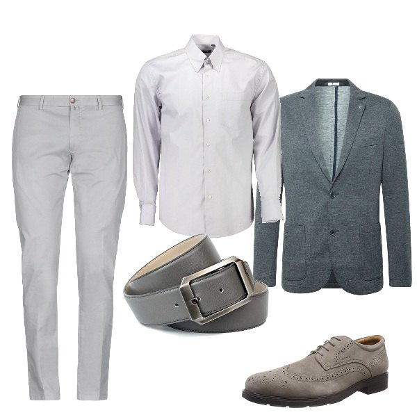 Outfit uomo - Elegante casual al colloquio. Stile Casual per Ufficio. Abbinamento con pantaloni, giacche, scarpe stringate, camicie, cinture.