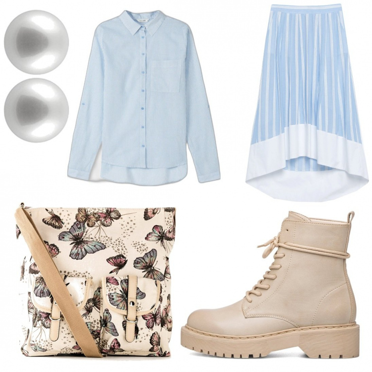 Outfit donna - Curvy, anfibi e gonna longuette. Stile Casual per Tutti i giorni. Abbinamento con gonne longuette, borse a tracolla, camicie, anfibi, orecchini.