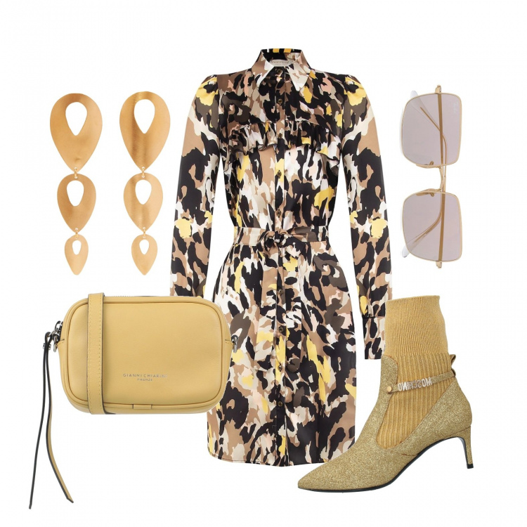 Outfit donna - Come le foglie in autunno. Stile Glamour per Tutti i giorni. Abbinamento con stivaletti, borse a tracolla, orecchini, vestiti corti, occhiali da sole.