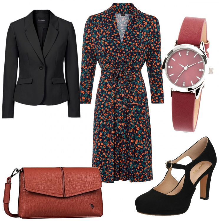 Outfit donna - Curvy romantica. Stile Romantica per Tutti i giorni. Abbinamento con blazer, vestiti, orologi, décolleté, borse a tracolla.