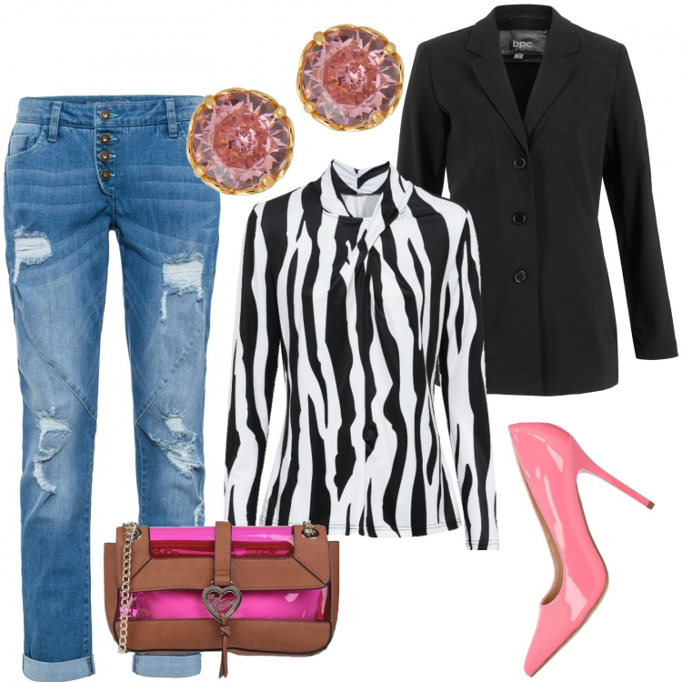 Outfit donna - Total look #1153170. Stile Chic per Tutti i giorni. look ideale per Tall. Abbinamento con jeans boyfriend, maglieria, blazer, borse a tracolla, décolleté, orecchini.