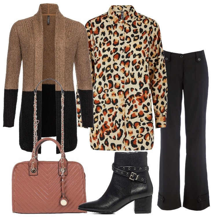 Outfit donna - Trend animalier. Stile Trendy per Tutti i giorni. Abbinamento con pantaloni, cardigans, borse a mano, stivaletti, camicie.