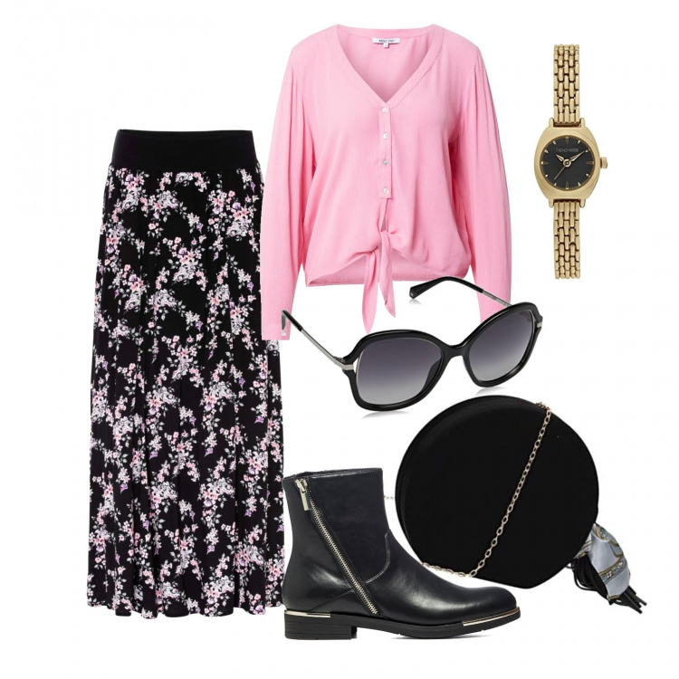 Outfit donna - Un giorno tutto per me. Stile Urban per Tutti i giorni. Abbinamento con gonne lunghe, stivaletti, camicie, occhiali da sole, orologi, pochette.