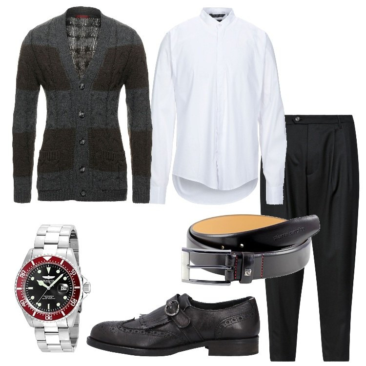 Outfit uomo - Elegante casual al colloquio. Stile Casual per Ufficio. Abbinamento con cardigans, pantaloni, camicie, scarpe stringate, orologi, cinture.