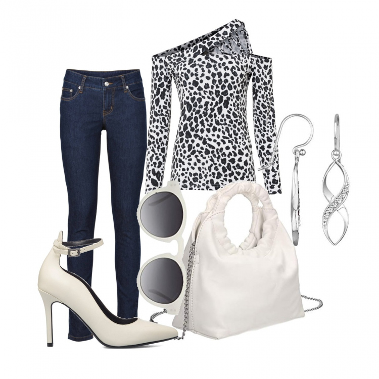 Outfit donna - La blusa cut out. Stile Trendy per Tutti i giorni. Abbinamento con jeans skinny, maglieria, décolleté, pochette, orecchini, occhiali da sole.