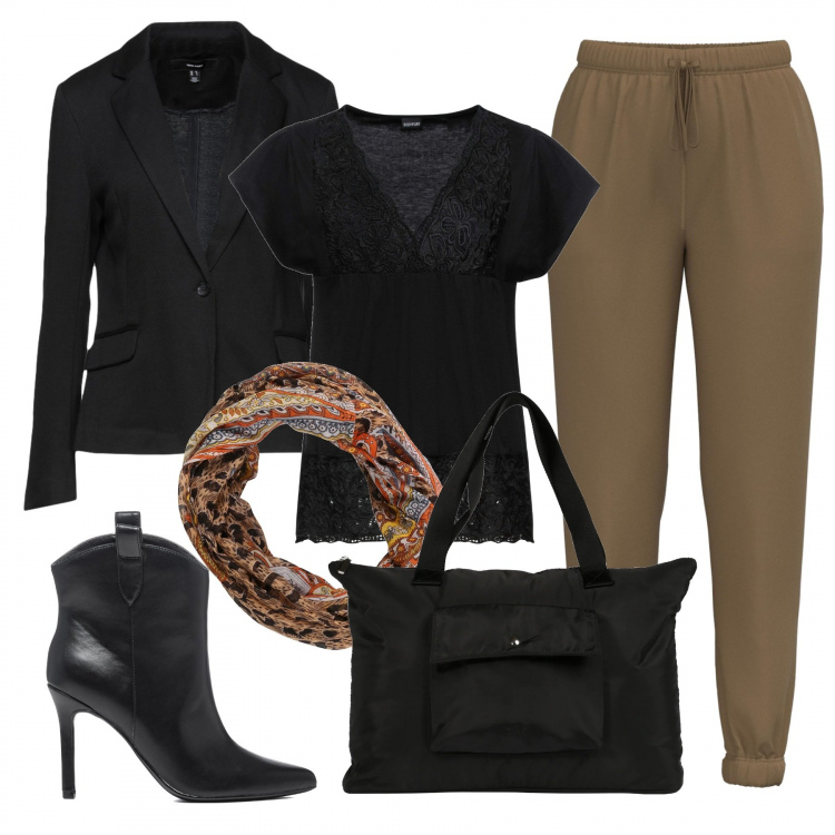 Outfit donna - Appuntamento in ufficio. Stile Casual chic per Ufficio. Abbinamento con blazer, maglieria, stivaletti, pantaloni, borse a mano, scaldacollo.