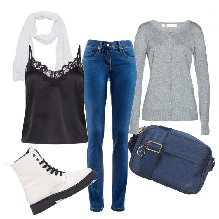 Outfit donna - Il top malizioso. Stile Basic per Scuola/Università. Abbinamento con jeans dritti, cardigans, borse a tracolla, sciarpe, anfibi, top.