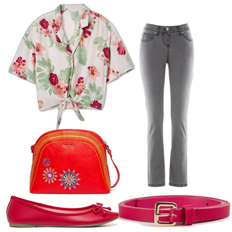 Outfit donna - Jeans e ballerine rosse. Stile Trendy per Tutti i giorni. Abbinamento con jeans slim fit, cinture, camicie a manica corta, ballerine, borse a tracolla.