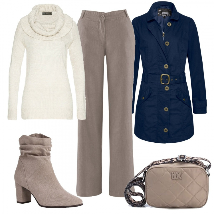 Outfit donna - Curvy in trench. Stile Basic per Tutti i giorni. Abbinamento con pantaloni, trench, maglieria, stivaletti, borse a mano.