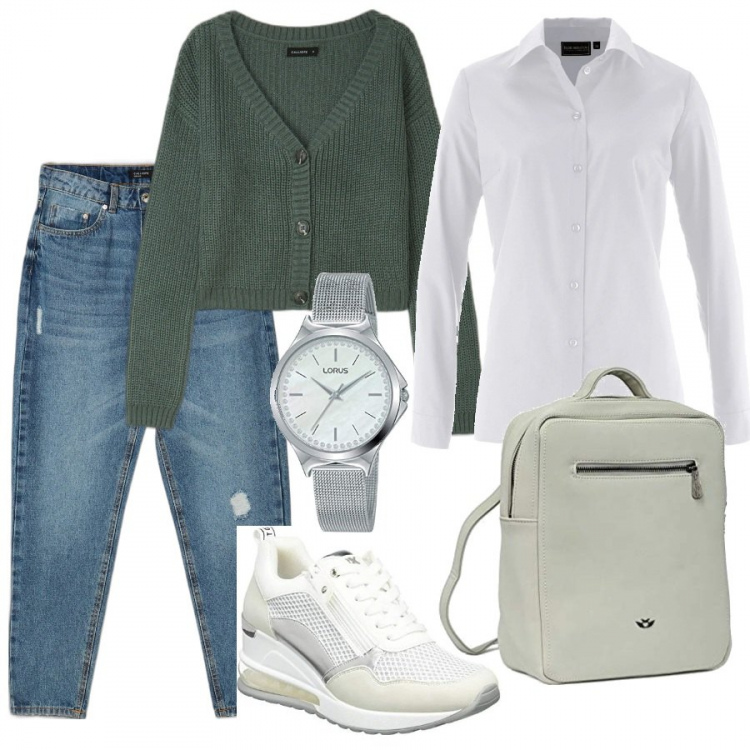 Outfit donna - Basic #30938. Stile Basic per Scuola/Università. Abbinamento con camicie, cardigans, jeans mom, sneakers, zaini, orologi analogici.