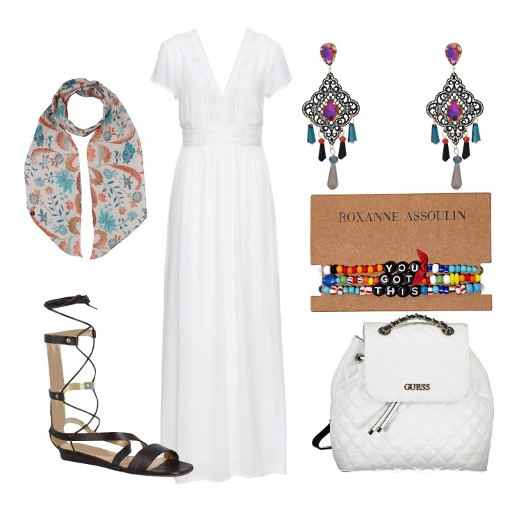 Outfit donna - White soft. Stile Etnico per Mare. Abbinamento con vestiti lunghi, orecchini, sciarpe, sandali alla schiava, braccialetti, zaini.