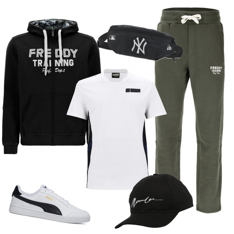 Outfit uomo - Ad ognuno il suo stile. Stile Casual per Sport. Abbinamento con pantaloni, felpe con cappuccio, t-shirt, sneakers, borse sportive, cappelli con visiera.