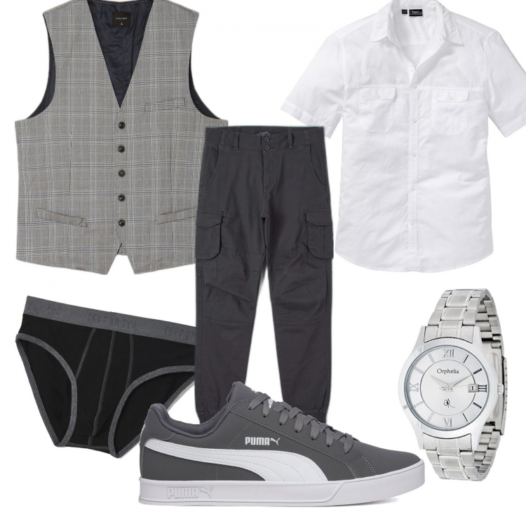 Outfit uomo - Colloquio portafortuna. Stile Trendy per Ufficio. Abbinamento con gilet, sneakers, pantaloni cargo, slip, camicie a manica corta, orologi.
