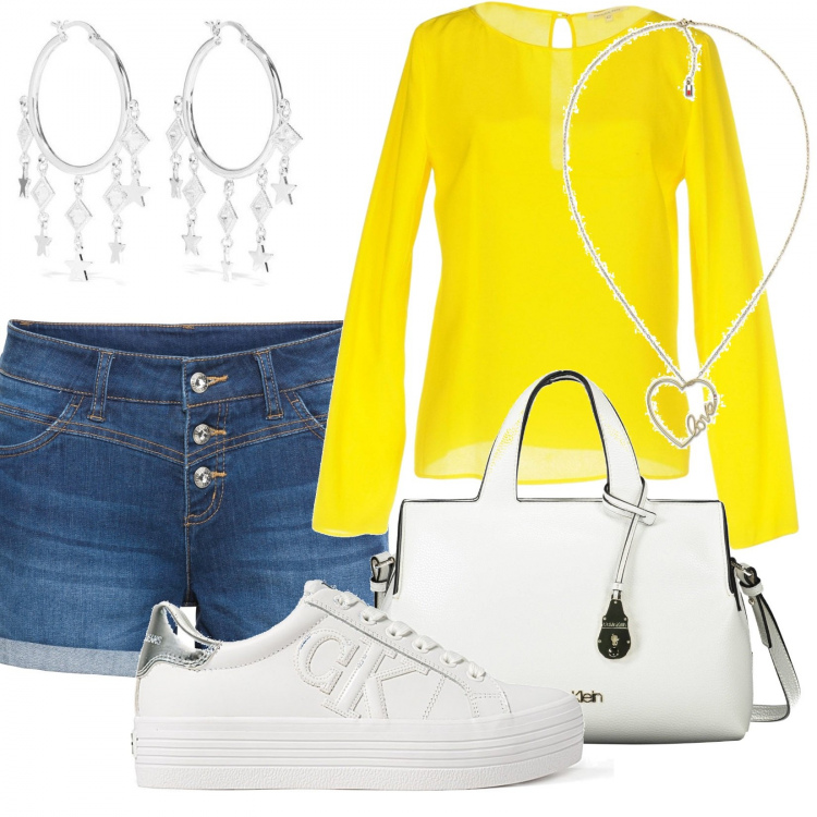 Outfit donna - Raggio di sole. Stile Sporty chic per Tutti i giorni. Abbinamento con shorts, bluse, orecchini, sneakers alte, borse a tracolla, collane.