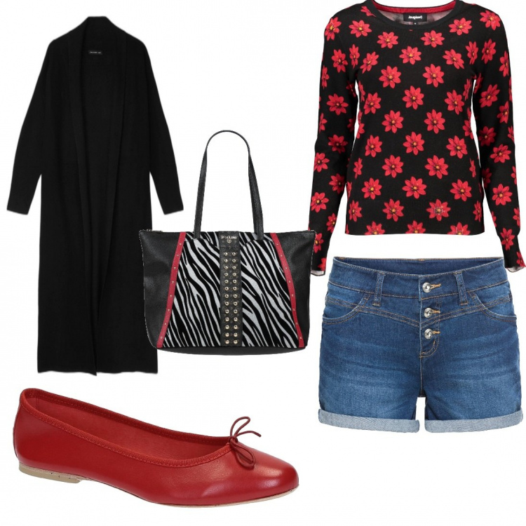 Outfit donna - Pantaloncini e blazer lunghissimo. Stile Urban per Tutti i giorni. Abbinamento con shorts, borse a mano, ballerine, cardigans, maglieria.