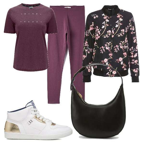 Outfit donna - Total look #1154702. Stile Basic per Tutti i giorni. Abbinamento con bomber, leggings, borse a spalla, t-shirt, sneakers alte.