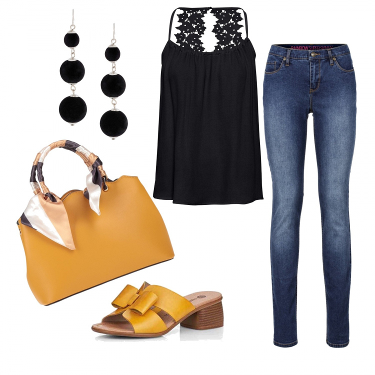 Outfit donna - Total look #1154837. Stile Basic per Serata fuori. Abbinamento con jeans skinny, top, orecchini, borse a mano, ciabatte.